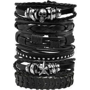6Pcs Punk Leather Bracelets Women Men Braided Skull Accessories Adjustable